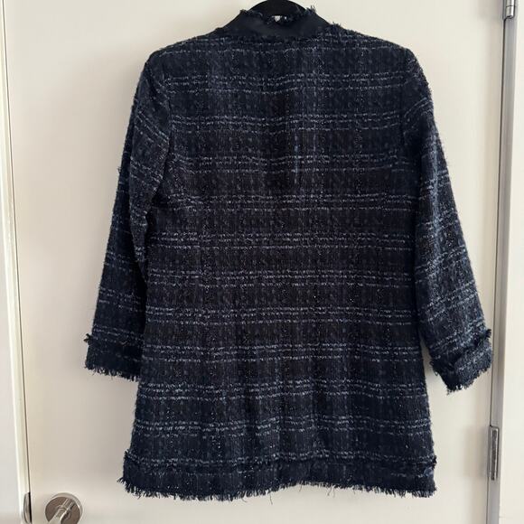 Ann Taylor Tweed Jacket Blazer Blue Black Fringe Button Front Long Sleeve Sz 6P - Picture 6 of 6